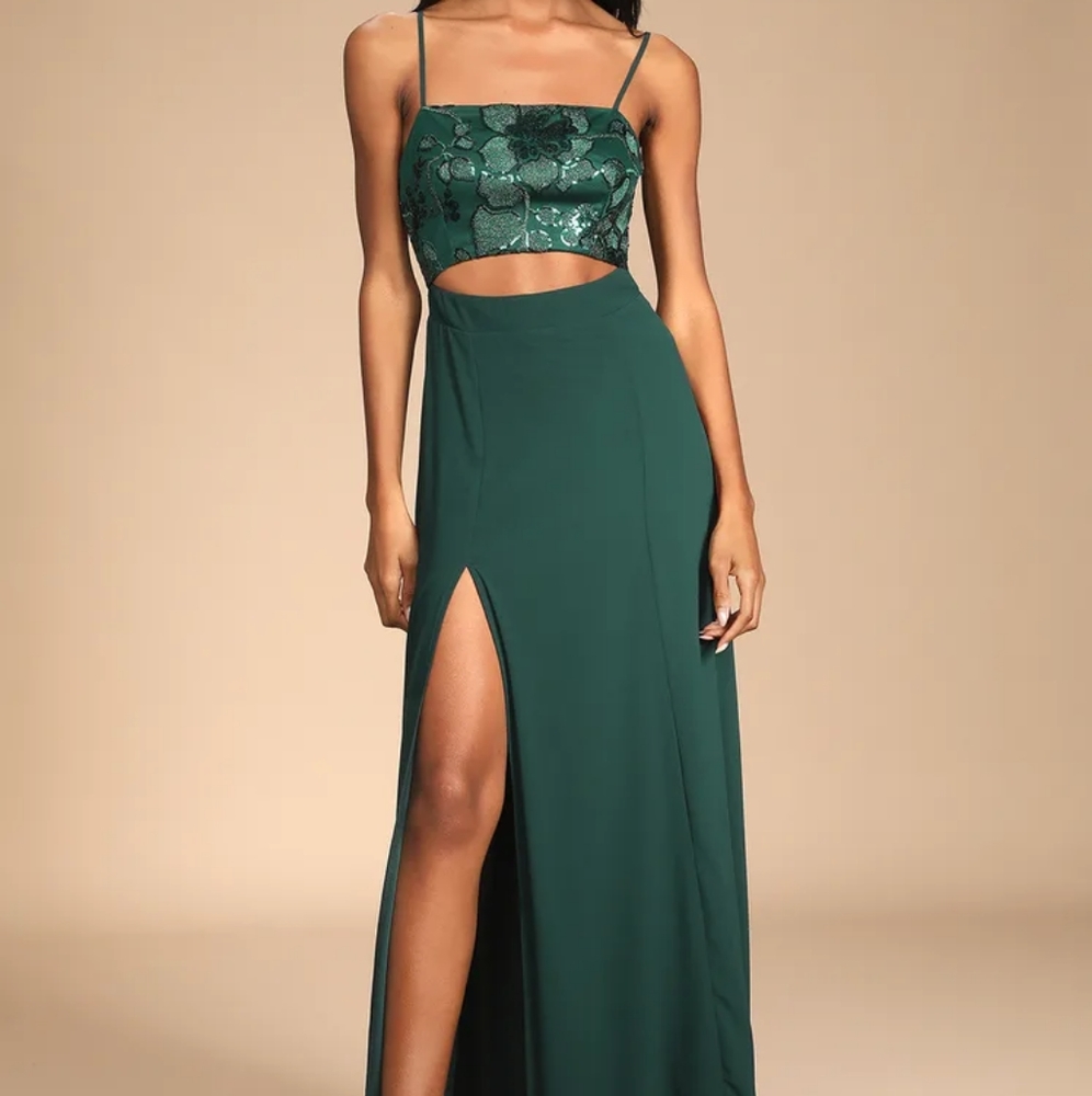 Lulu's | All-Nighter Forest Green Sequin Cutout Maxi Dress